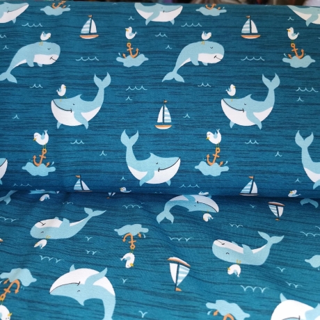 Baumwolljersey Stoff mit Wal, Wellen, Anker, Möwen und Segelbooten