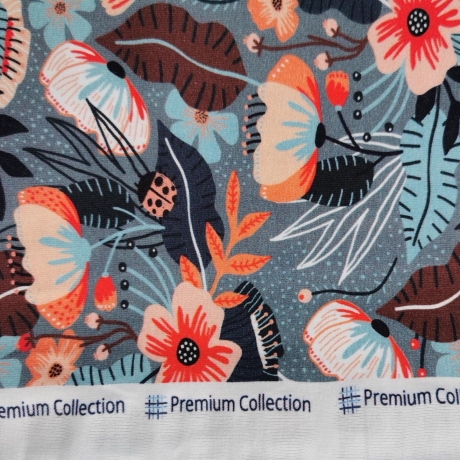 Baumwolljersey Stoff Druck - orangene Blumen, kleine Marienkäfer, grauer Hintergrund | Premium Collection