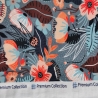 Baumwolljersey Stoff Druck - orangene Blumen, kleine Marienkäfer, grauer Hintergrund | Premium Collection
