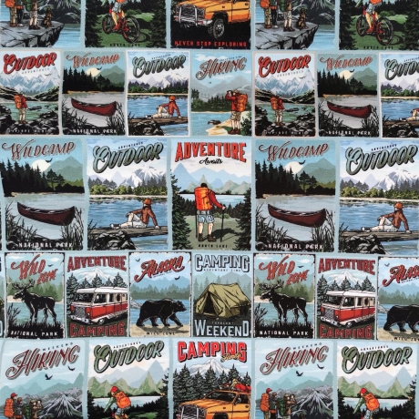 French Terry Stoff Druck Adventure Kacheln mit Comic Camping und Outdoor Motiven