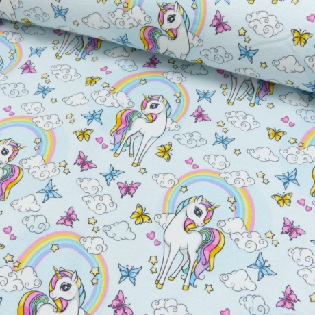 Baumwolljersey Stoff  Digital Druck Einhorn Blumen Regenbogen Wolken Schmetterlinge | by Herzberührt | Neue Kollektion 2024