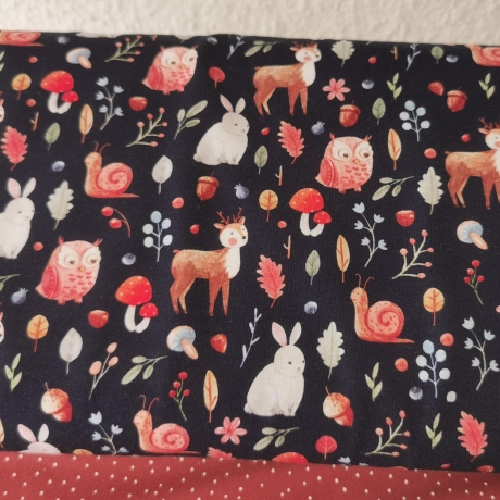 Baumwolljersey Stoff Waldtiere im Herbst - Reh, Hase, Eule - Blätter und Pilze