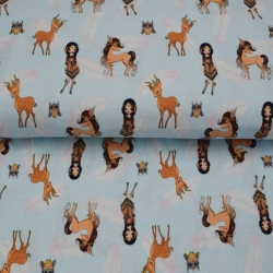 Reststück: Jersey Stoff Sweet, wild & free Indianerin Pferd Reh Eule | KATINOH; ca. 0,6m