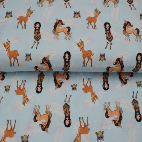 Jersey Stoff Sweet, wild & free Indianerin Pferd Reh Eule | KATINOH