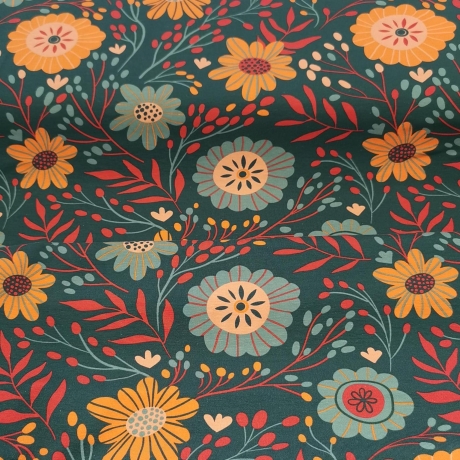 Baumwolljersey Stoff Rabea orangene Blumen petrolfarbener Hintergrund