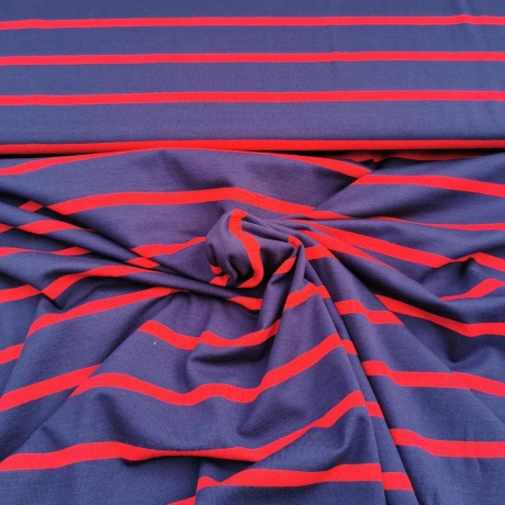 Viskosejersey Stoff blau mit roten Streifen (1cm)
