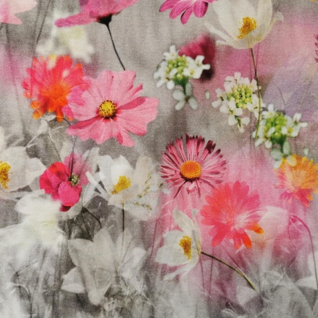 Viskosejersey Stoff Panel Blumenwiese rosa, orange, graustufen ca. 75cm lang