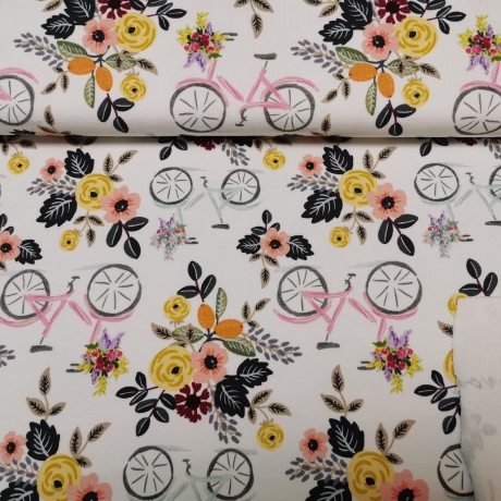 French Terry Stoff rosa farbenes Fahrrad und gelbe Blumen, weiß | Fräulein von Julie