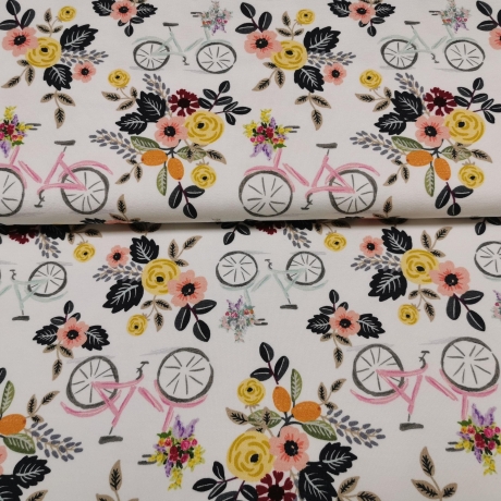 French Terry Stoff rosa farbenes Fahrrad und gelbe Blumen, weiß | Fräulein von Julie