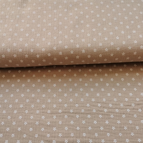 Baumwoll Musselin Stoff Blüte kleine weißen Blumen, taupe