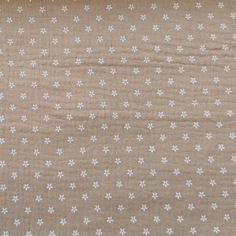 Baumwoll Musselin Stoff Blüte kleine weißen Blumen, taupe