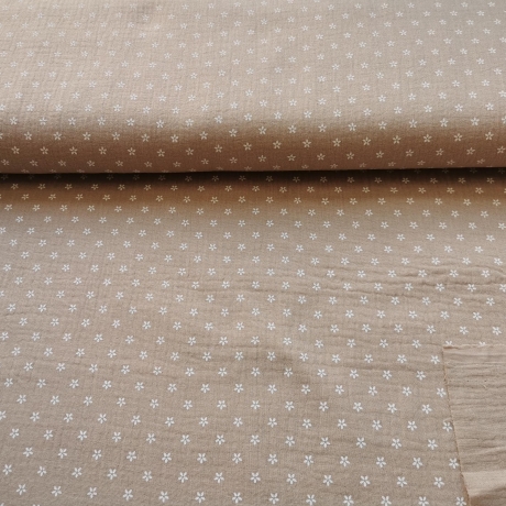 Baumwoll Musselin Stoff Blüte kleine weißen Blumen, taupe