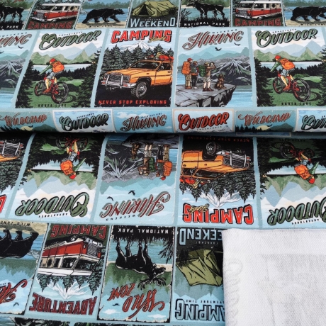 French Terry Stoff Druck Adventure Kacheln mit Comic Camping und Outdoor Motiven