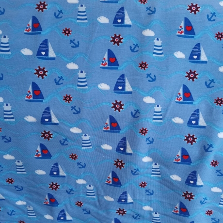Baumwolljersey Druck Segelboote Anker und Herzen auf blauem Hintergrund