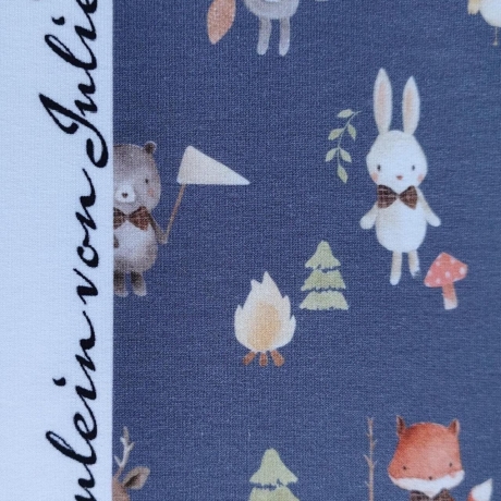 French Terry Druck kleine Waldtiere Hase, Bär, Fuchs, Hirsch auf dunklem Hintergrund | Fräulein von Julie