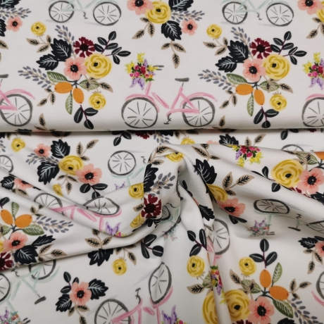 French Terry Stoff rosa farbenes Fahrrad und gelbe Blumen, weiß | Fräulein von Julie