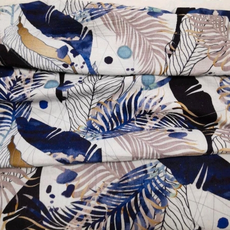 Baumwoll Musselin Stoff  Indigo Leaves blaue, goldene Wedel und Blätter auf weiß