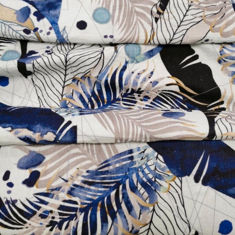 Baumwoll Musselin Stoff  Indigo Leaves blaue, goldene Wedel und Blätter auf weiß