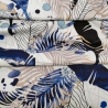 Baumwoll Musselin Stoff  Indigo Leaves blaue, goldene Wedel und Blätter auf weiß