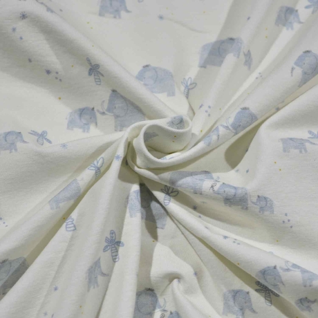 Jersey Stoff Dina Mammute / Elefanten mit Palmen blau weiß