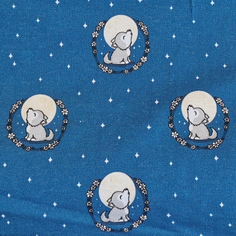 Bauwolljersey Stoff Druck Moonwalker - Wolf, Vollmond blauer Hintergrund | Fräulein von Julie