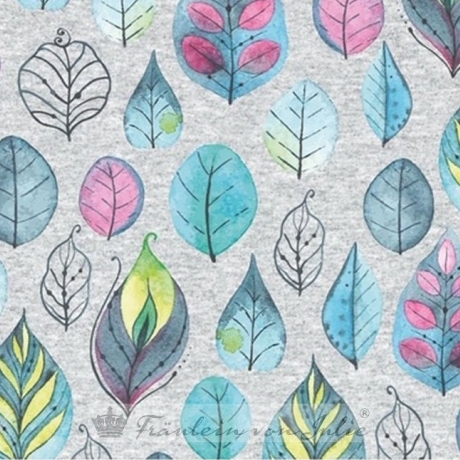 Baumwolljersey Stoff hellgrau meliert mit farbenfrohen Federn / Blätter | Fashion Fabrics by Fräulein von Julie