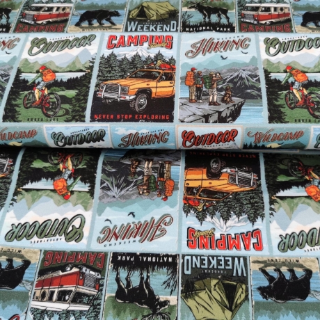 French Terry Stoff Druck Adventure Kacheln mit Comic Camping und Outdoor Motiven