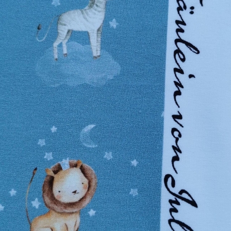 French Terry Stoff blau mit Giraffe, Löwe, Zebra, Nashorn und Elefant | Fräulein von Julie