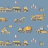 Baumwolljersey Druck gelbe Baustellenfahrzeuge auf blauem Hintergrund