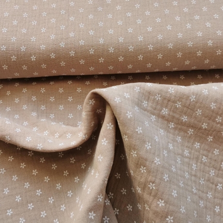 Baumwoll Musselin Stoff Blüte kleine weißen Blumen, taupe