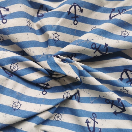 French Terry Stoff Druck Vintage blaue Anker, maritim blau/creme gestreift