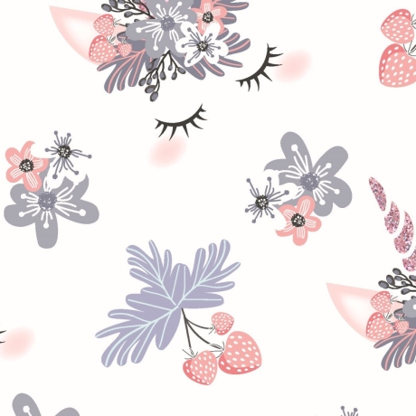 Baumwolljersey Stoff  Digital Druck Einhorn Gesicht Erdbeeren Blüten Blumen auf weiß | by Herzberührt | Neue Kollektion 2024