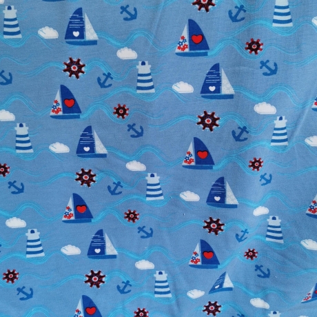 Baumwolljersey Druck Segelboote Anker und Herzen auf blauem Hintergrund