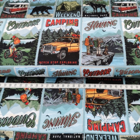 French Terry Stoff Druck Adventure Kacheln mit Comic Camping und Outdoor Motiven