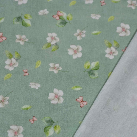 Baumwolljersey Stoff Dina Frühlingswiese mit rosa Blumen auf dunkelmintfarbenem Untergrund | Neue Kollektion 2024