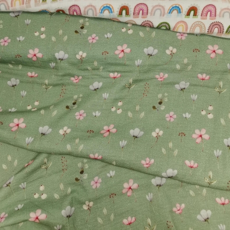Baumwolljersey Stoff Dina Frühlingswiese mit rosa Blumen auf dunkelmintfarbenem Untergrund | Neue Kollektion 2024