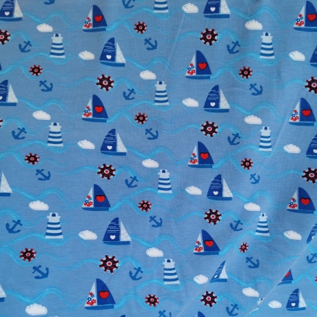Baumwolljersey Druck Segelboote Anker und Herzen auf blauem Hintergrund