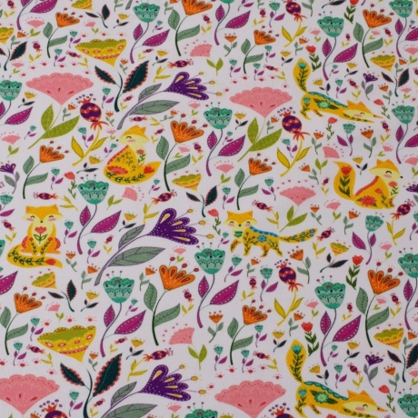 French Terry Stoff Druck orangener Fuchs mit Blüten mit Pflanzen und Blüten auf weißem Hintergrund