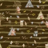 Reststück: Baumwolljersey Indianer Waldtiere Waschbär, Bär, Fuchs mit Zelten und Bäumen grün/braun gestreift; ca. 1,0m