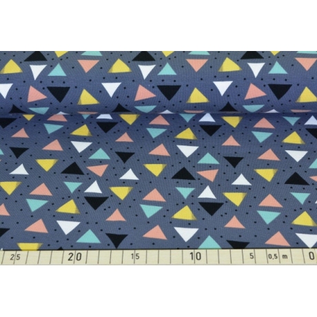 Baumwolljersey Stoff Traumspiel bunte Dreiecke auf grauem Hintergrund