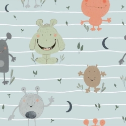 Reststück: Baumwolljersey Druck kleine freundliche Monster, mint mit Streifen | Fräulein von Julie; ca. 0,8m