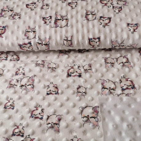 Minky Fleece Stoff weiß mit kleinen Eulen