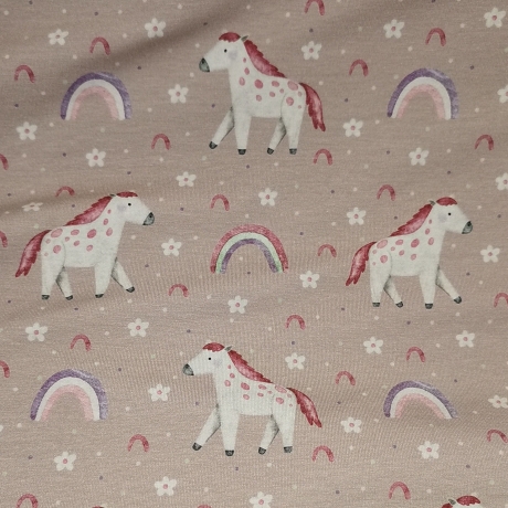 Baumwolljersey Druck Manuel Pferd mit Regenbogen, Blumen auf altrosafarbenem Hintergrund