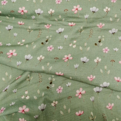 Baumwolljersey Stoff Dina Frühlingswiese mit rosa Blumen auf dunkelmintfarbenem Untergrund | Neue Kollektion 2024