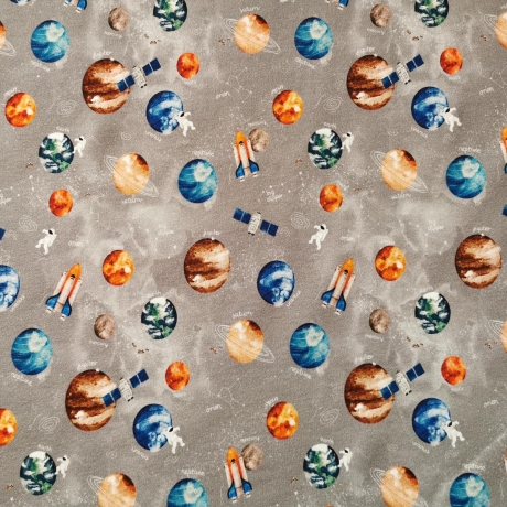 French-Terry Stoff Weltraum mit Raketen, Shuttles, Satelliten und Planeten auf grau | designed by POPPY Europe