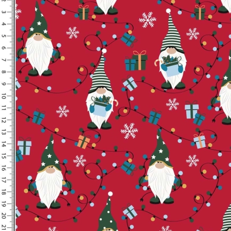 Reststück: Baumwoll Stoff Wichtel Weihnachten Geschenk Lichterkette grün rot; ca. 0,5m