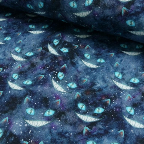 weicher & warmer Alpenfleece Stoff Grinsekatze melange marine blau