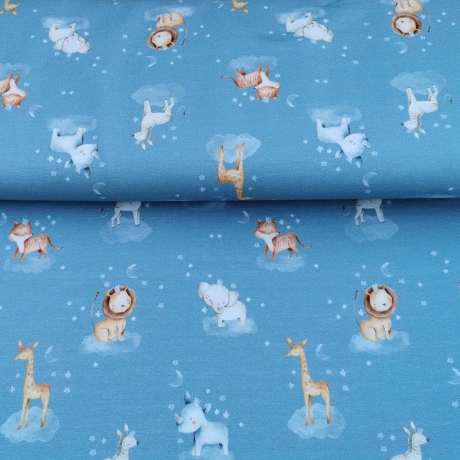 French Terry Stoff blau mit Giraffe, Löwe, Zebra, Nashorn und Elefant | Fräulein von Julie