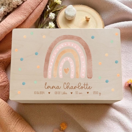 Spielzeugkiste mit Namen personalisiert Regenbogen Holzkiste 