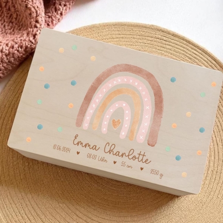 Spielzeugkiste mit Namen personalisiert Regenbogen Holzkiste 